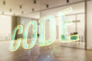 Wall Mural - code word hologram on a modern furnished classroom background, international software development co
