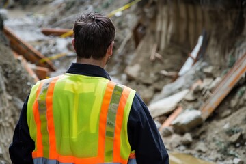 Canvas Print - employee with a safety vest at a site of a collapsed trench