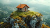 Fototapeta Tulipany -   A tiny house perched atop a mountain, with moss covering the rocks below and lush grass crowning the peak