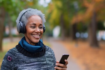 Wall Mural - african old woman is listening to music on smartphone with headphones outdoors