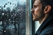 profile of businessman staring at raindrops on window