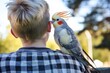 cockatiel on a shoulder whispering to an amused young adult