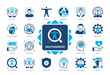 Salutogenesis icon set. Understandability, Meaningfulness, Sense of Coherence, Vocational, Stress, Physical, Illness, Social. Duotone color solid icons