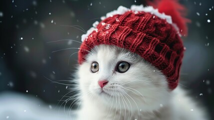 Wall Mural - A little white kitty in a red knitted hat with a pompom
