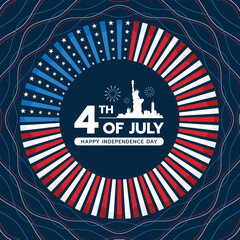 Wall Mural - 4th of july, happy independence day - Text and cityscape of usa symbol in circle frame with abstract modern tabs and star stripe curve usa flags on dark blue background wit line curve wave texture