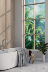 A contemporary luxurious bathroom features a bathtub near the large window with green garden view.