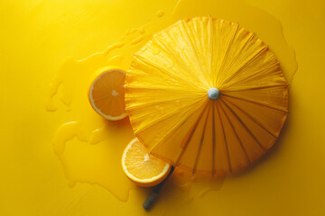 Tropical beach concept made of coconut fruit and sun umbrella. Creative minimal summer idea, ai technology