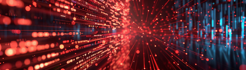 In the digital realm, the motion of code and dataflow is illuminated in red, signaling the velocity and vitality of information processing.