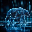 Bear market symbol, digital finance backdrop, icy blue neon, low angle view , clean sharp focus
