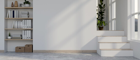 A modern minimalist white home corridor features two layers of flooring, shelves with decor.