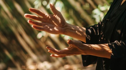 Wall Mural - Close-up of hands performing a tai chi snake form, sunlight casting dramatic shadows