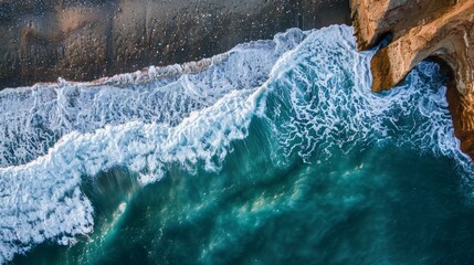 Wall Mural - Aerial view of crashing waves on rocky shoreline