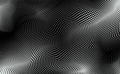 Wall Mural - Monochrome futuristic pop art print. Optical dotted pattern with curved texture. Spotted halftone dot background. Wavy half tone effect. Black white banner. Abstract vector illustration.