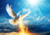 Fototapeta  - white pigeon flying on blue sky while emitting fire flame realistic illustration