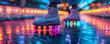 © Raweewit - LED-lit roller skates creating a vibrant atmosphere on a reflective surface in a neon-lit environment, symbolizing fun and youth culture.