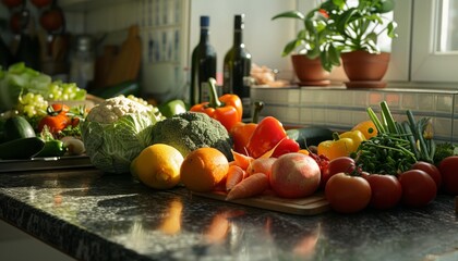 Wall Mural - fruits and vegetables on the kitchen counter, organic healthy lifestyle , Generative AI