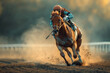 Jockey Racing Horse on Dusty Track at Sunset.