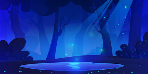 Wall Mural - Dark night forest landscape with fantasy lake and firefly cartoon illustration. Magic game woods scene. Mystery park environment with green glowworm light. Blue misty wonderland at midnight panorama