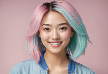 Wall Mural - Beautiful asian woman with pastel colorful hair colorful background