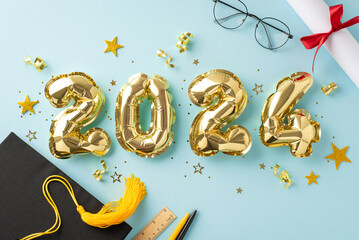 Wall Mural - Graduation atmosphere: Top view of gilded balloons, academic cap, diploma, tied with ribbon, study items, pens, ruler, glasses, confetti, tinsel on light blue background