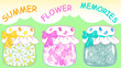 A set of vector objects - a collection of cute beautiful decorative jam jars with bows and frills, filled with pink flowers, daisies, dandelions, inscription summer flower memories.