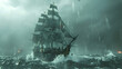 A huge pirate ship sails on a stormy sea, generative Ai