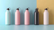 A spectrum of insulated bottles in pastel hues, neatly arranged against a dual-toned blue and yellow background