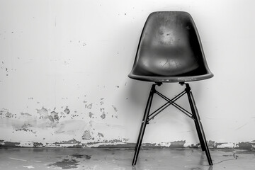 Gray chair in white concrete room for copy space. Concept of minimalism