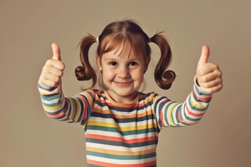 Wall Mural - girl with pigtails, thumbs up, wearing a striped shirt