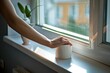 person placing a spare toilet roll on window sill