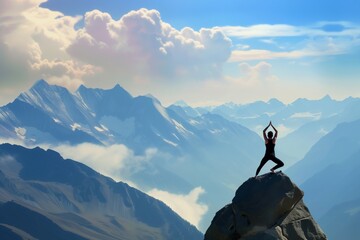 Wall Mural - man doing yoga on mountain peak, serene sky