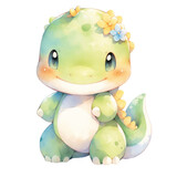 Fototapeta Dinusie - A cute green dinosaur with a flower on its head. The dinosaur is smiling and looking at the camera