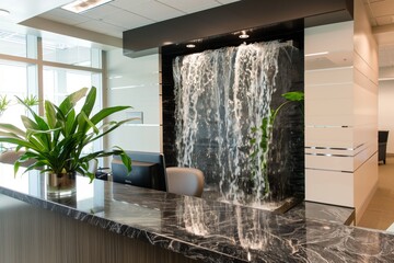 Canvas Print - modern office with wallmounted waterfall behind reception desk