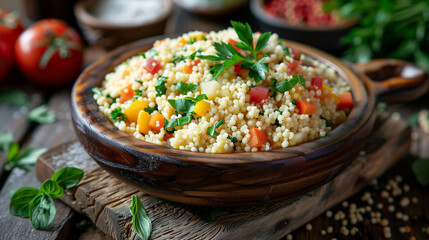 Wall Mural - Couscous with vegetables and herbs on rustic wood
