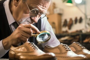 Wall Mural - quality inspector examining shoes with a magnifying glass