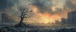 A lone leafless tree stands in the desolate landscape of a post-apocalyptic cityscape