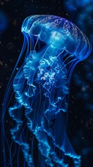 Illuminated jellyfish gliding through dark ocean waters