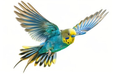 Wall Mural - parrot flies with its wings spread on a white isolated background