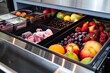 open freezer drawer with frozen fruits and berries
