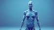 digital human body in abstract form. Wireframe silhouette in polygons. Blue background with low poly anatomy. futuristic guy or woman model with technology. A 3D vector illustration is made up of link