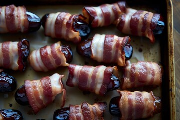 Sticker - assembling a tray of raw baconwrapped dates