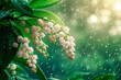 Lily of the valley the nature with raining and sunshine background. Spring concept, copy space