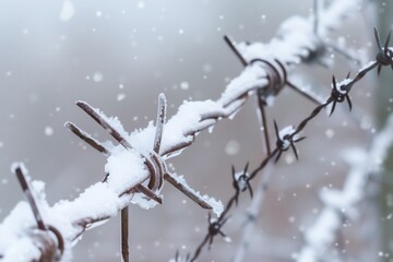 Poster - winter scene of barbed wire with snow and ice