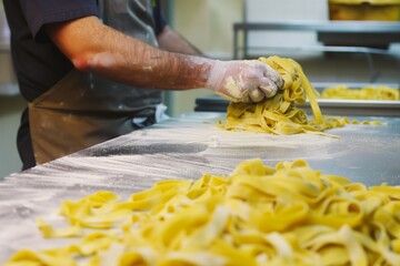 Canvas Print - employee examining freshly made pasta for quality