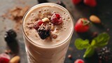 Fototapeta  - A nourishing almond milkshake, made with unsweetened almond milk, a scoop of protein powder, a handful of berries, and a dollop of almond butter, blended into a creamy and satisfying drink.