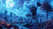 A Skeleton Is Standing In A Graveyard Holding A Shovel