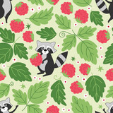 Fototapeta Pokój dzieciecy - Raccoon with raspberries seamless pattern