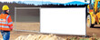 © Bonsales - Builder looks at tractor standing near fencing mesh with place for ad. Man contemplates machinery role in project framed by fence awaiting advertiser touch.