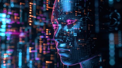Fototapete - Digital Representation of AI With Human Features Amidst Data Streams
