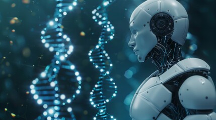 Poster - Futuristic Humanoid Robot Interacting With DNA Helix Visualization